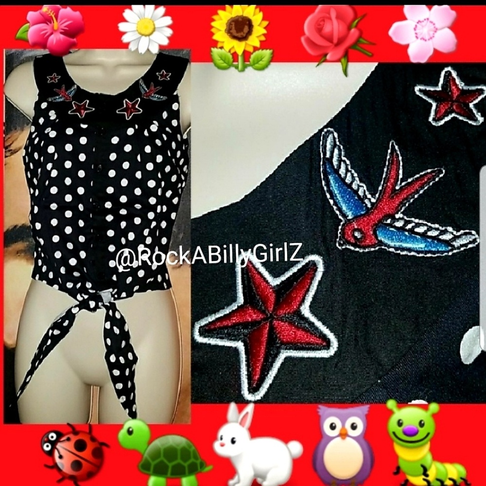 Too Fast Pinup Cutie Pie Embroidered Swallows & Stars Tied Polka Dot Crop Top
